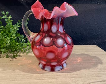 Vintage Fenton Glass Art Coin Dot Cranberry Ruffled Vase 8 1/4