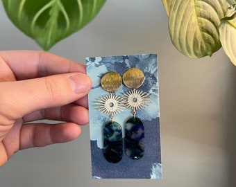 Green Acrylic and Raw Brass Earrings