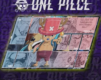 May include: A One Piece playmat featuring Tony Tony Chopper. The playmat has a purple background with the One Piece logo and panels with character art and text. Text includes "LIFE", "LEADER", and "STAGE". The product comes without a watermark.