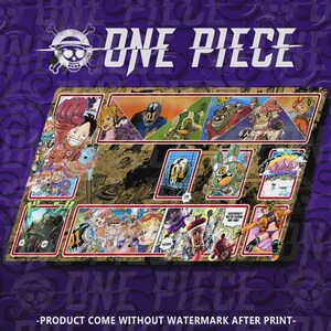 May include: A rectangular playmat featuring a One Piece manga-style collage with various character illustrations, including Luffy, in vibrant colors against a dark, patterned background. The design includes multiple framed panels and text elements.