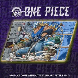 May include: A One Piece-themed graphic featuring a character in blue attire with a sword, set against a backdrop with text elements. The design includes the "ONE PIECE" logo and various labeled sections.