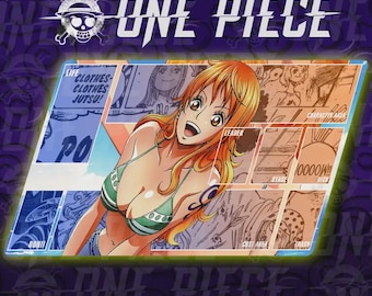 May include: A vibrant graphic featuring the "One Piece" logo and a colorful anime illustration of a character in a bikini. The image includes text elements such as "CLOTHES," "JUTSU," and "LEADER." The background is a mix of orange, blue, and purple.