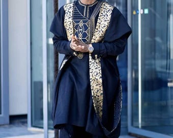 Męski 3-częściowy zestaw Agbada: odzież afrykańska, koszula i spodnie