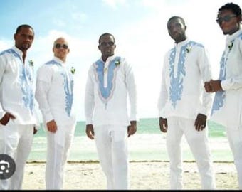 Ensemble dernier caftan brodé pour garçons d'honneur - tissus en lin, chemise africaine et pantalon dashiki