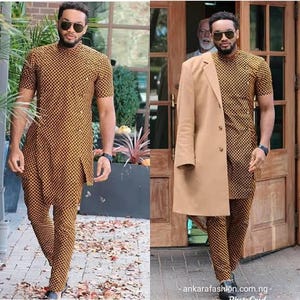 herr 2-delad skaftan, skjorta och byxor, afrikanska herrkläder, dashiki, brudgumskläder. Broderad skjorta och matchande byxor