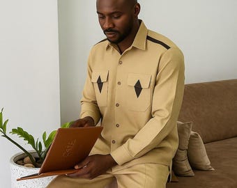 Dwuczęściowy męski kaftan, koszula i spodnie, odzież męska afrykańska, dashiki, odzież dla pana młodego. Koszula ślubna i pasujące spodnie