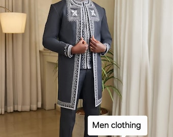 Men's African suits Set: 4 peice ssets, grooms suit, shirt, waist coat and Pants. Men wedding dress