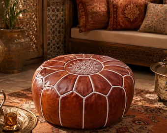 Handmade Moroccan Leather Pouf Ottoman – Boho Accent Seating