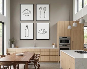 Arte de pared para cocina moderna / Láminas minimalistas de comida, arte lineal escandinavo (descarga digital)