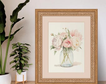 Peonías en jarrón, arte de pared / Decoración floral elegante / Lienzo