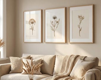 Conjunto de 3 láminas botánicas neutras: decoración minimalista floral beige escandinava (descarga digital)