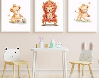 Paquete de arte de pared para guardería de leones / 6 impresiones digitales / Imprimible de animales de safari / Decoración para habitación infantil