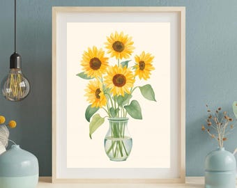 Arte mural de girasoles / Decoración floral alegre para el hogar / Lienzo 40 x 60 cm / 16 x 24″