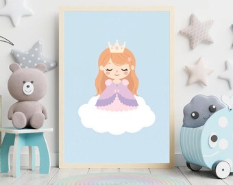 Póster de decoración de pared infantil con temática de princesas y cuentos de hadas.