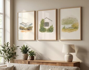 Láminas de paisajes en acuarela: cabañas, lagos, montañas y arte natural (descarga digital)