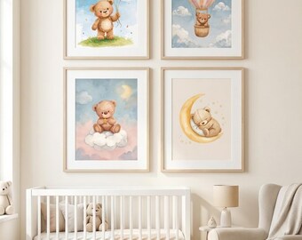Conjunto de arte infantil con osito de acuarela / Luna caprichosa y globos (descarga digital)