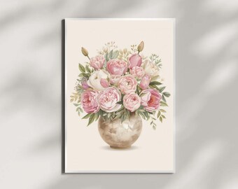 Arte mural de ramo de peonías / Decoración floral suave / Lienzo 40 x 60 cm / 16 x 24″