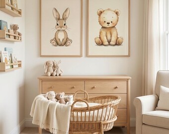 Arte infantil de bosque neutro / Impresiones en acuarela de osito de peluche (descarga digital)