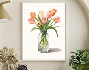Cuadro floral de tulipanes para pared / Lámina botánica de primavera
