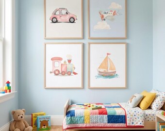Set de acuarela para guardería: avión, coche, tren y barco en tonos pastel (descarga digital)