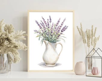 Jarra de lavanda para pared / Decoración floral rústica / Lienzo 40 x 60 cm / 16 x 24″