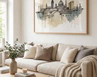 Arte de acuarela de horizonte urbano: boceto minimalista de arquitectura europea, impresión digital