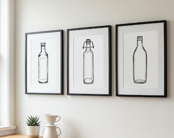 Juego de 3 láminas minimalistas de botellas / Decoración de cocina escandinava (descarga digital)