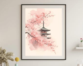 Arte mural de la pagoda de los cerezos en flor / Decoración japonesa / Lienzo