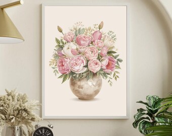Lámina con estampado de ramo de peonías / Decoración floral delicada para pared, papel mate.
