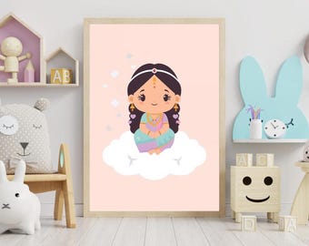 Ilustración infantil de princesa / Niña india en la nube, decoración para habitación de niñas (póster en papel mate)