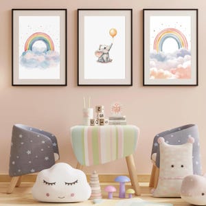 Láminas de elefantes para guardería: Conjunto de arte de nubes arcoíris (descarga digital)