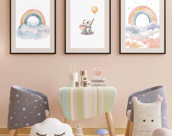 Láminas de elefantes para guardería: Conjunto de arte de nubes arcoíris (descarga digital)