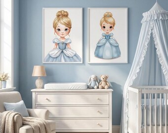 Set de arte infantil de princesas: Retrato de vestido azul, decoración infantil de cuento de hadas (descarga digital)