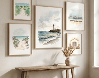 Conjunto de arte mural de galería costera: impresiones de faro, océano y playa (descarga digital)