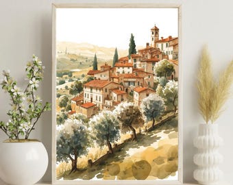 Arte mural de pueblo toscano / Decoración de campo italiana / Lienzo