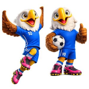 May include: Two cartoon eagle mascots in blue soccer uniforms. One is jumping with arms raised, the other holds a soccer ball and gives a thumbs up. Both wear pink and black sneakers and have the number 10 on their shirts.