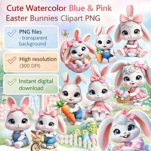 Cute Blue and Pink Watercolor Easter Conejis Clipart PNG, Chocolate Easter Theme, Sublimation and Art for Children's Housing