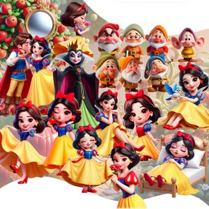 Pode incluir: Uma coleção de figuras e personagens da Branca de Neve, incluindo a Rainha Má, os sete anões e a Branca de Neve com o príncipe. As figuras são em estilo cartoon, com cores vibrantes e designs detalhados. O tema geral é um conto de fadas.