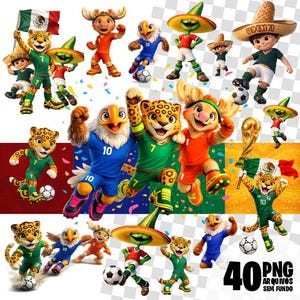 Pode incluir: Uma coleção de mascotes de desenhos animados em uniformes de futebol, cada um com um design animal único. As mascotes estão em várias poses, algumas segurando bolas de futebol ou bandeiras mexicanas. A imagem inclui o texto "40 PNG ARQUIVOS SEM FUNDO".