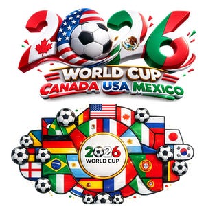 May include: A vibrant graphic for the 2026 World Cup, featuring the numbers "2026" in red, white, and green, with a soccer ball and flags of Canada, USA, and Mexico. The words "World Cup Canada USA Mexico" are also displayed.