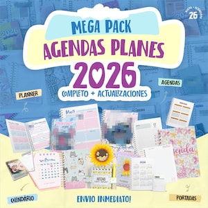 Puede incluir: Una colección de planificadores y agendas de 2026, con varios diseños y diseños. La imagen incluye calendarios, cuadernos y un girasol, con texto que dice "Mega Pack Agendas Planes 2026" y "Planner".