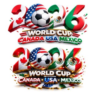 May include: A vibrant graphic for the 2026 World Cup, featuring the numbers 2026 with flags of Canada, the United States, and Mexico. A soccer ball is integrated into the design, with the text "World Cup Canada USA Mexico".