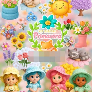 Pode incluir: Uma coleção digital de ilustrações com tema de primavera, incluindo quatro bonecas com chapéus de sol, um coelho a dormir, um guaxinim, um sol sorridente, vários arranjos florais coloridos, plantas em vasos e o texto Kit Digital Primavera.