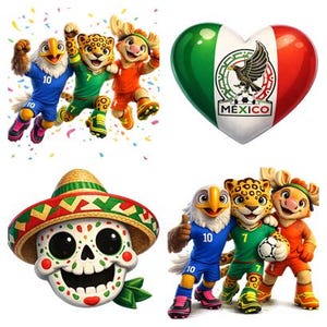May include: A collage of images featuring Mexican-themed illustrations. Includes three cartoon mascots in soccer uniforms, a heart-shaped design with the Mexican flag and emblem, and a skull wearing a sombrero.