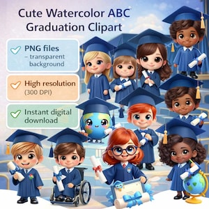 Clipart Graduación ABC Acuarela Cute PNG, Ilustración Tema Escolar, Sublimación y Arte para Habitación Infantil