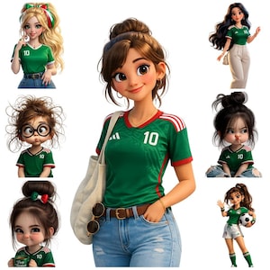 May include: Digital illustrations of several people wearing green soccer jerseys with the number 10. The jerseys have red and white accents. The people are of different ages and styles, including a girl with glasses and a woman with a tote bag.