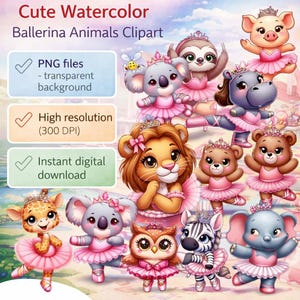 Clipart Animales Bailarina Acuarela Cute PNG, Ilustración Tema Danza Cartoon, Sublimación y Arte para Habitación Infantil