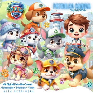 Pode incluir: Uma ilustração digital com personagens da Patrulha Canina incluindo Chase, Marshall, Skye, Rocky, Rubble, Everest e Ryder. A imagem inclui o logótipo da Paw Patrol, uma torre de vigia e o texto Patrulha Canina aquarela e Kit Digital.