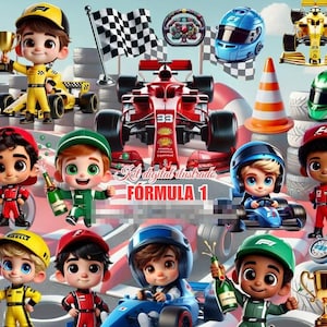 Pode incluir: Ilustração digital com elementos de corridas de Fórmula 1. A imagem inclui personagens de desenhos animados em fatos de corrida, carros de corrida, capacetes, troféus, uma bandeira quadriculada e o texto "FÓRMULA 1". A paleta de cores inclui vermelho, amarelo, verde e azul.