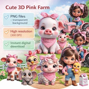 Clipart Granja Rosa 3D Cute PNG, Tema Animales de Granja, Sublimación y Arte para Habitación Infantil